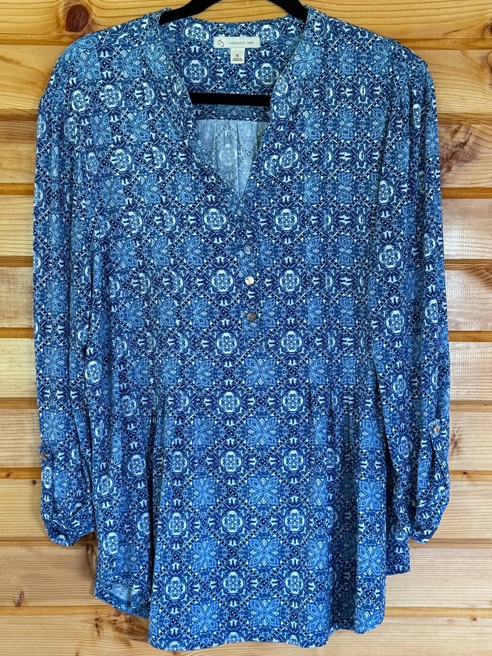 Blue Printed V-Neck Tunic Top by Dress Barn